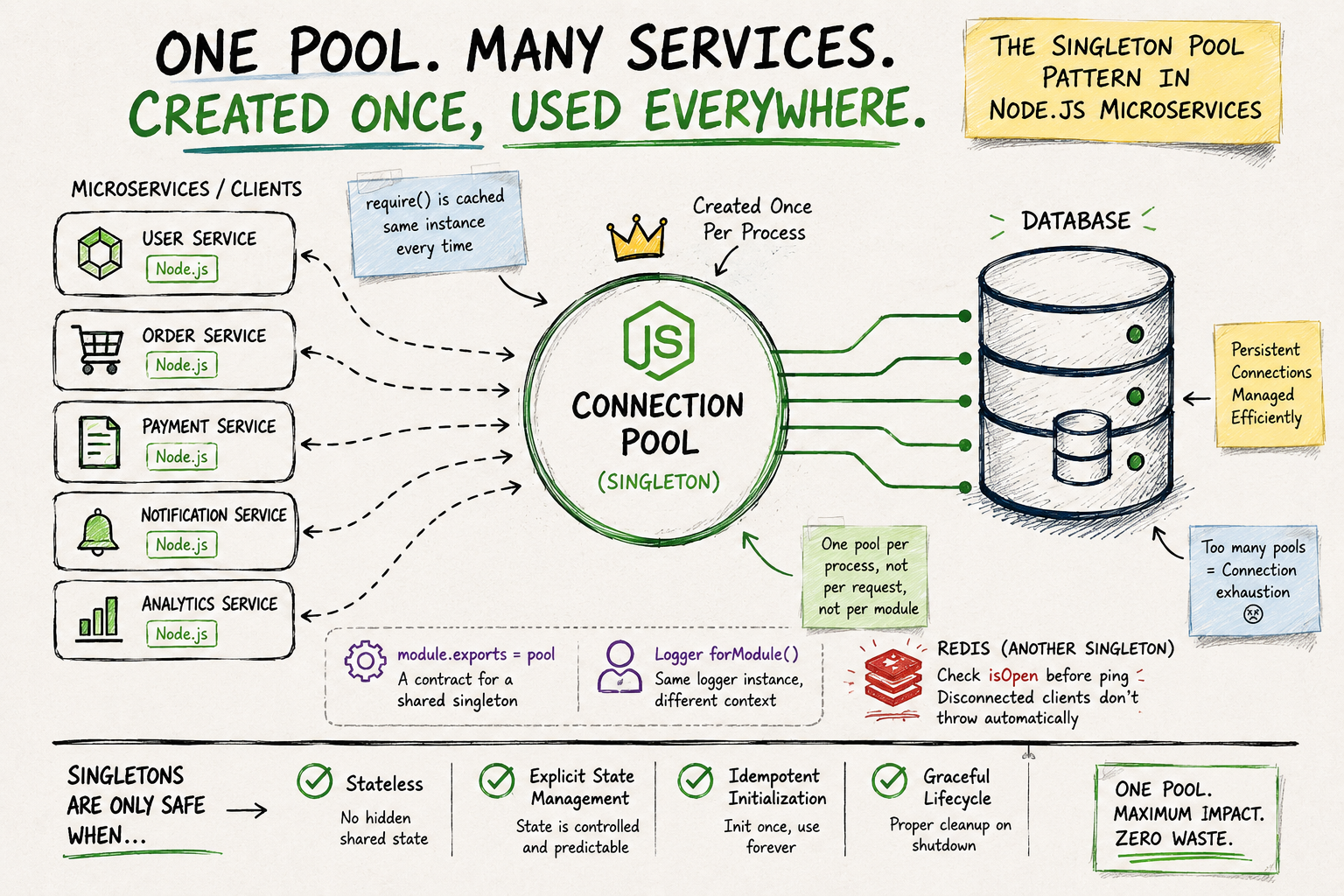The Singleton Pool Pattern in Node.js Microservices: Why Your Database Pool Is Created Once and Never Again